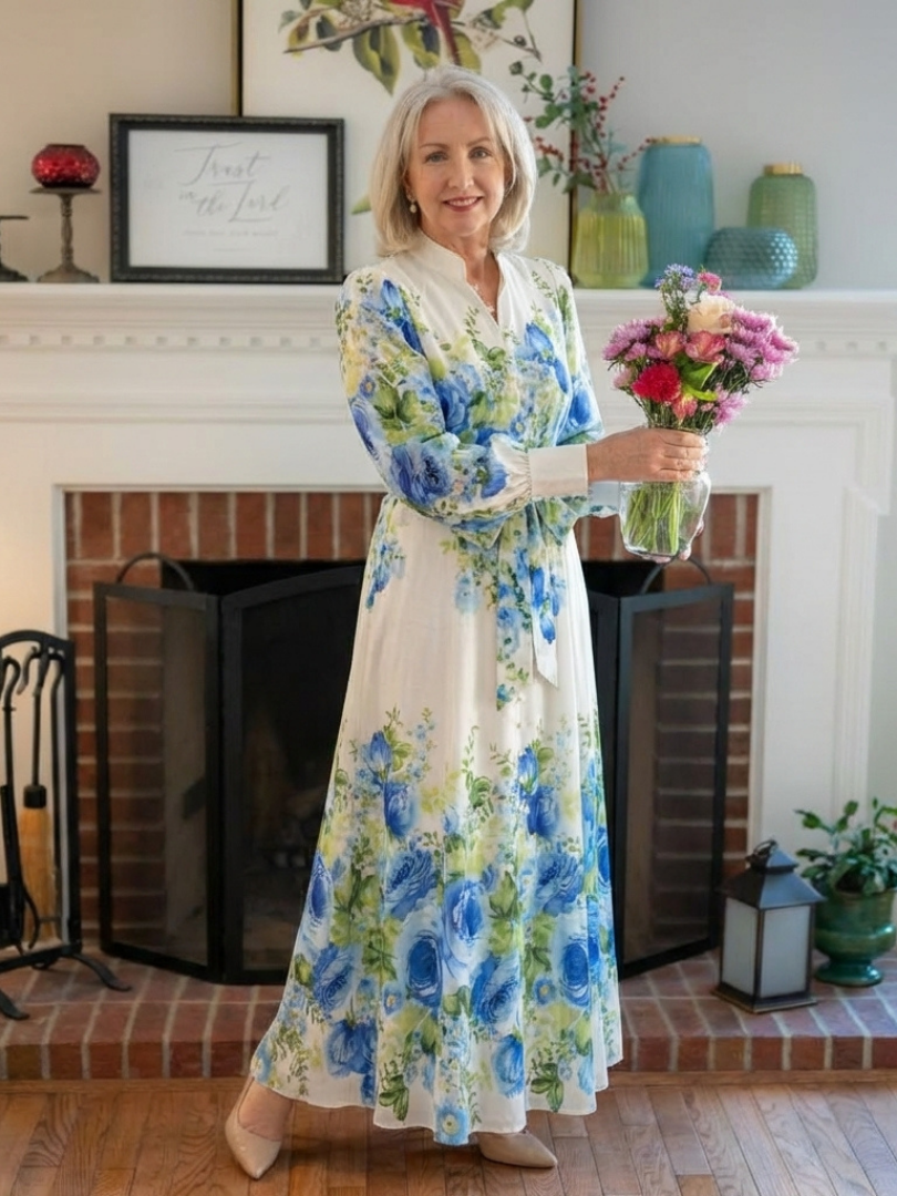 Robe Maxi à Manches Longues à Fleurs Nora