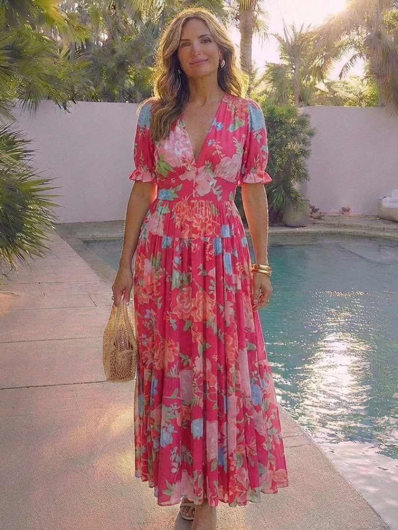 Robe midi à fleurs à manches courtes Ione