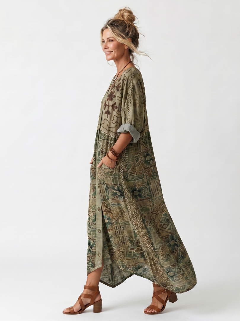 Robe Midi Brodée Boutonnée Monique