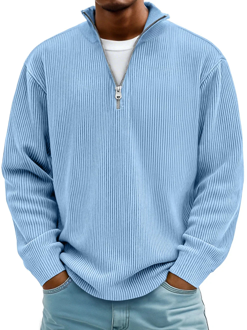 PULL CLASSIQUE EN MAILLE CÔTELÉE DEMI-ZIP POUR HOMME