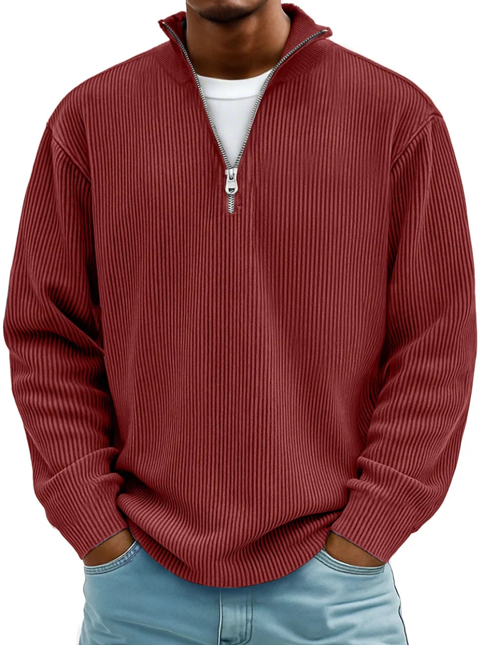 PULL CLASSIQUE EN MAILLE CÔTELÉE DEMI-ZIP POUR HOMME
