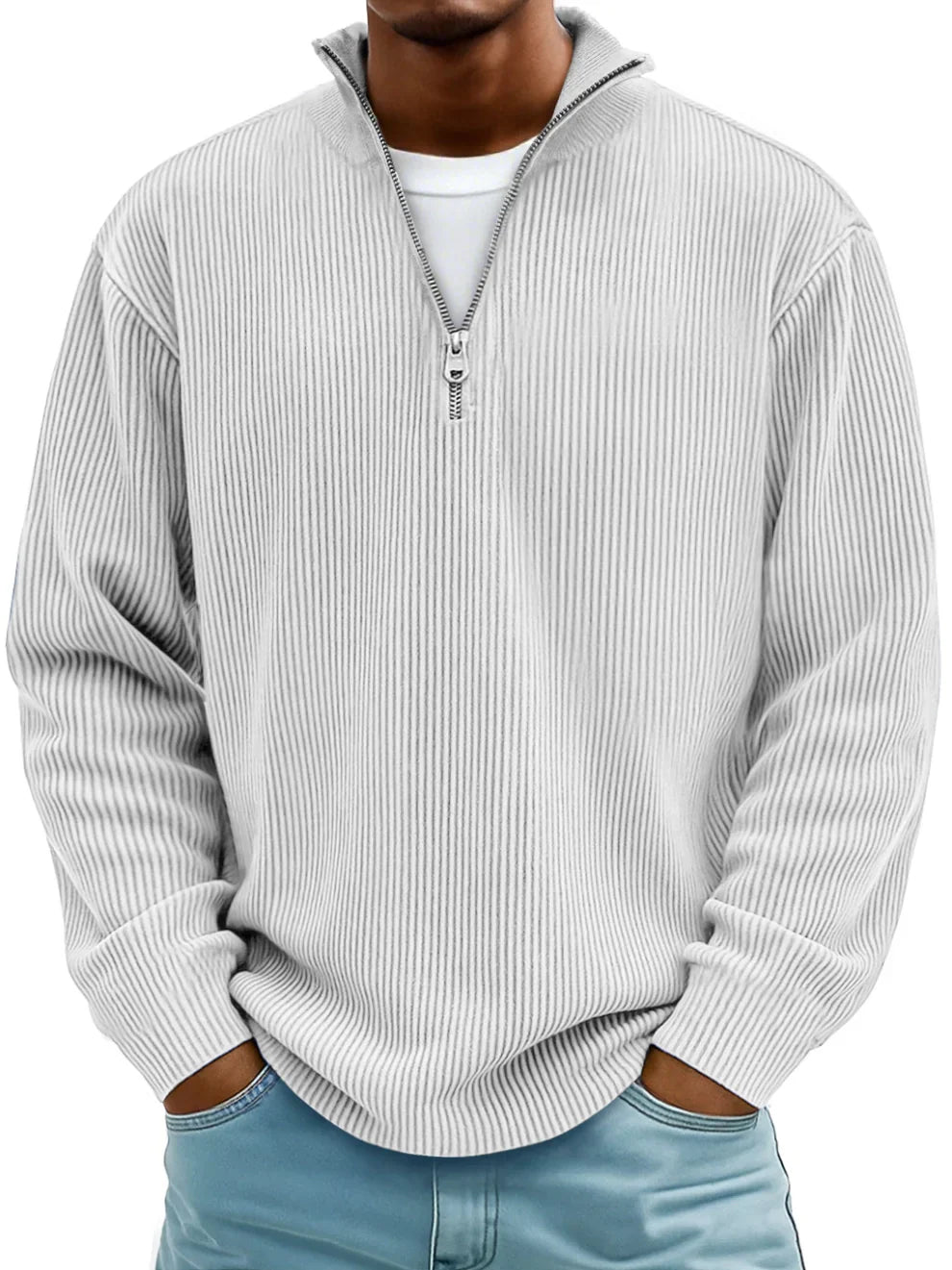 PULL CLASSIQUE EN MAILLE CÔTELÉE DEMI-ZIP POUR HOMME
