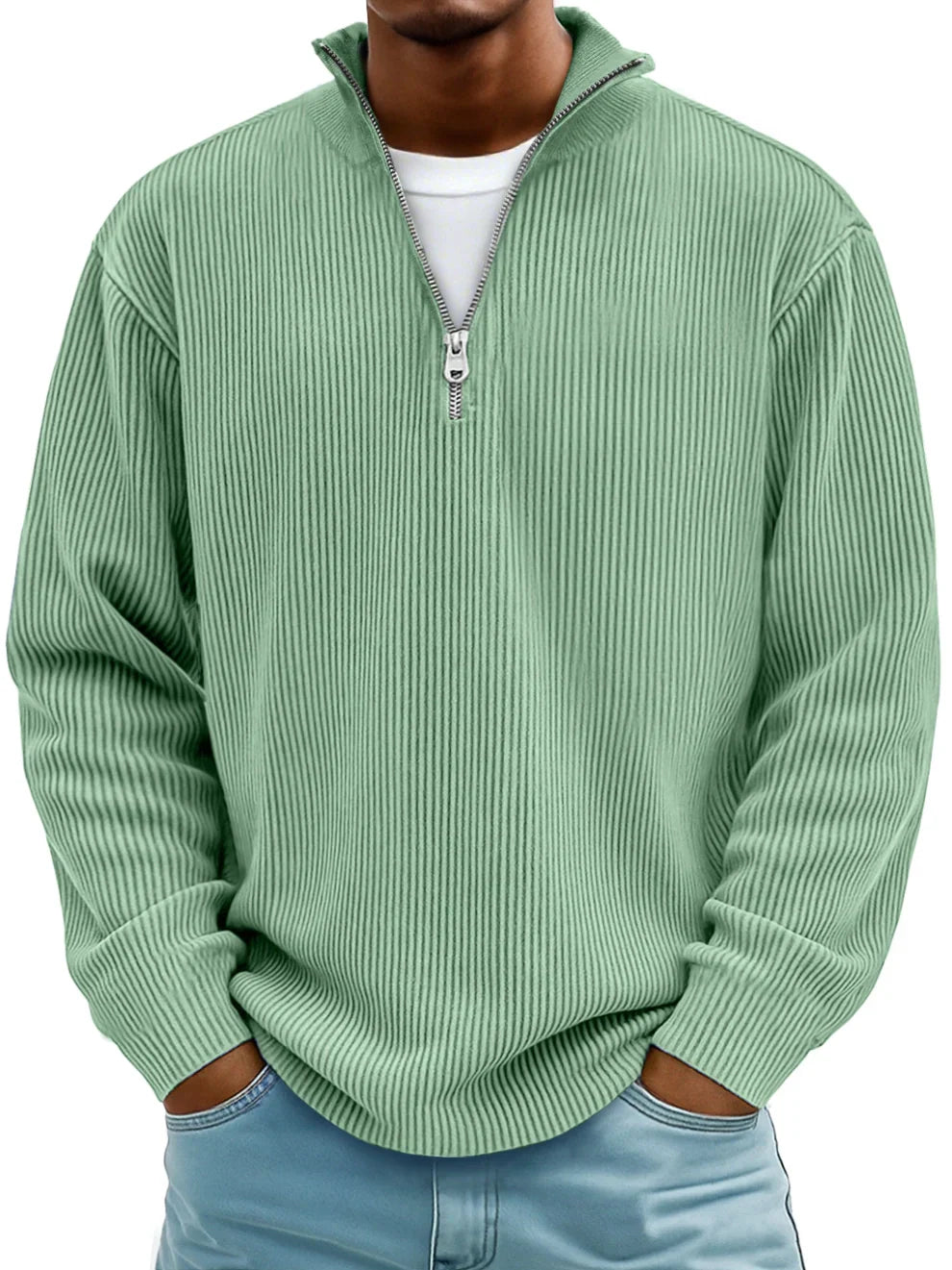PULL CLASSIQUE EN MAILLE CÔTELÉE DEMI-ZIP POUR HOMME