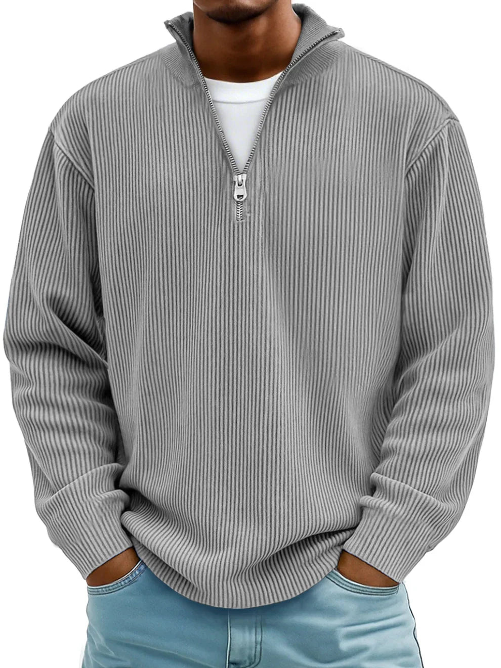 PULL CLASSIQUE EN MAILLE CÔTELÉE DEMI-ZIP POUR HOMME