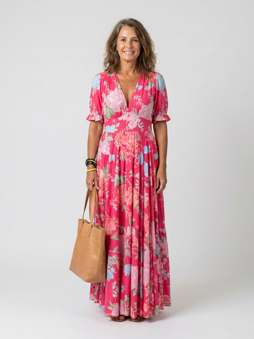 Robe midi à fleurs à manches courtes Ione