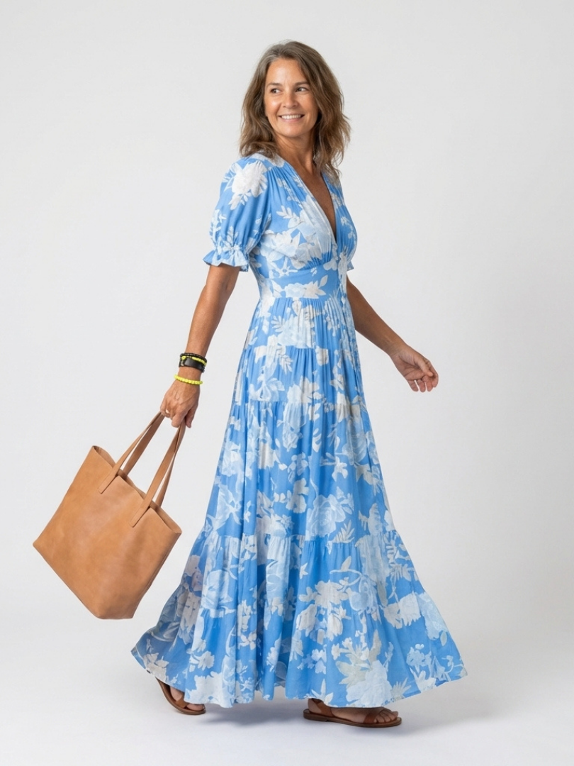 Robe midi à fleurs à manches courtes Ione