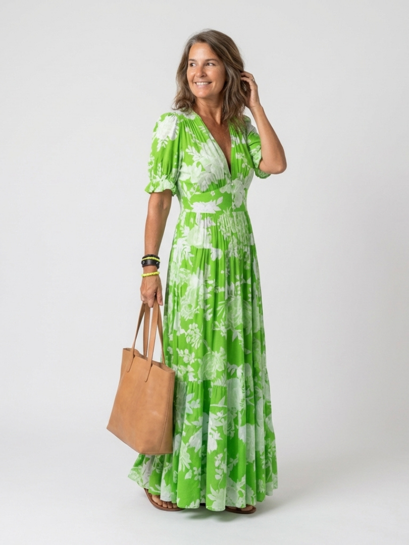Robe midi à fleurs à manches courtes Ione