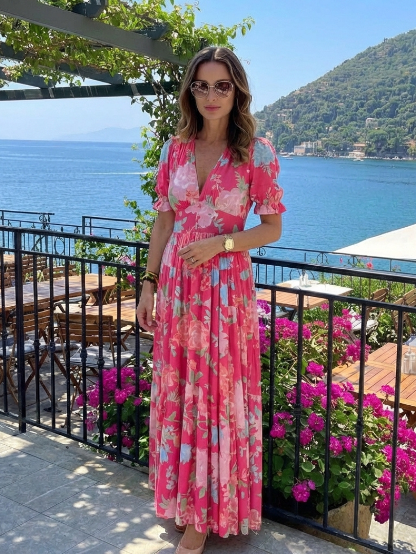 Robe midi à fleurs à manches courtes Ione