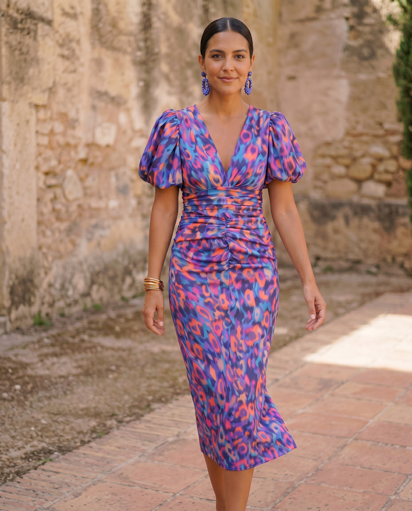 Robe Mi-Longue Fleurie Manches Bouffantes Aveline